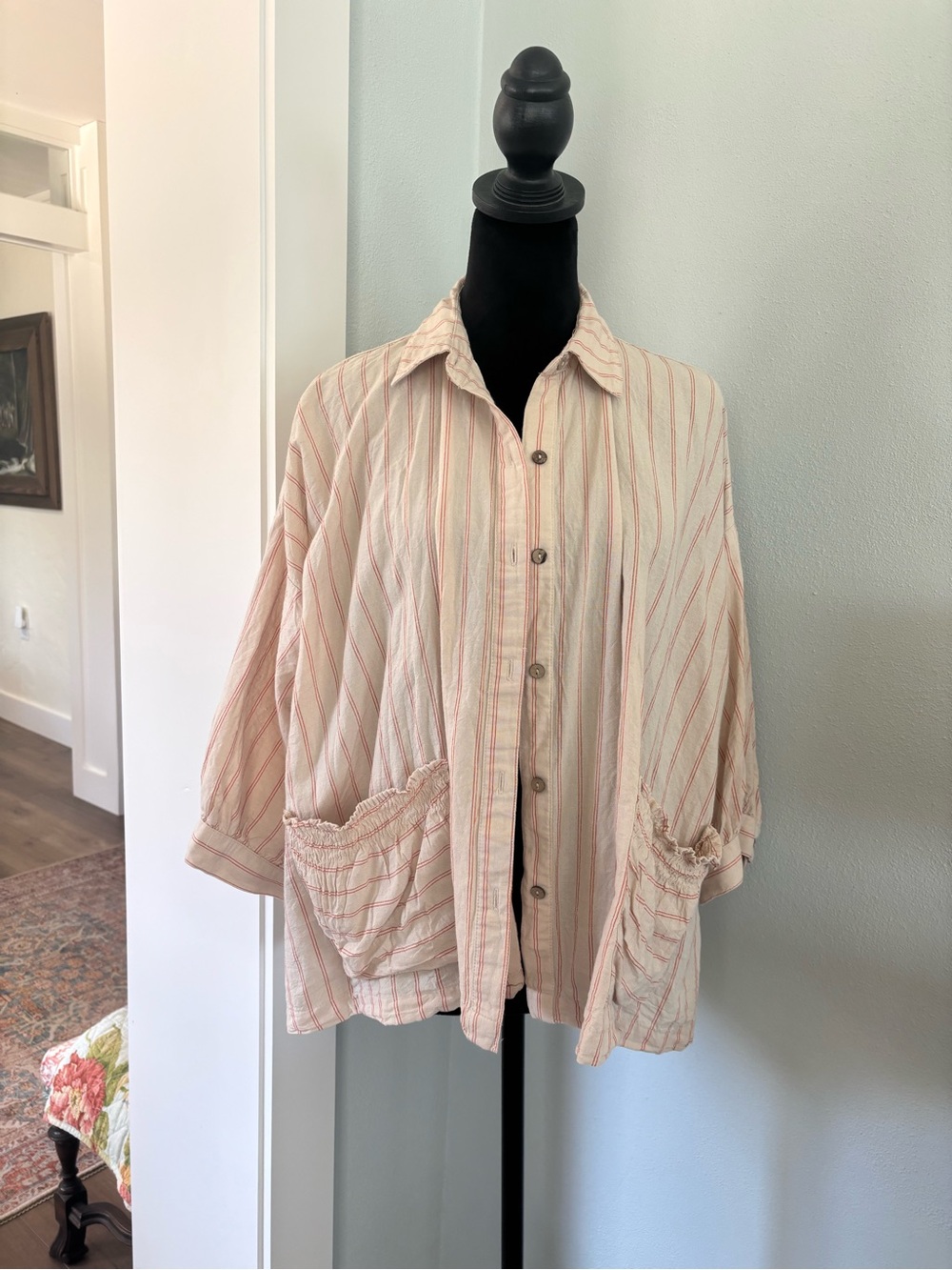 Free People Cream and Coral Striped Button-Up Blouse shacket XS linen cotton
